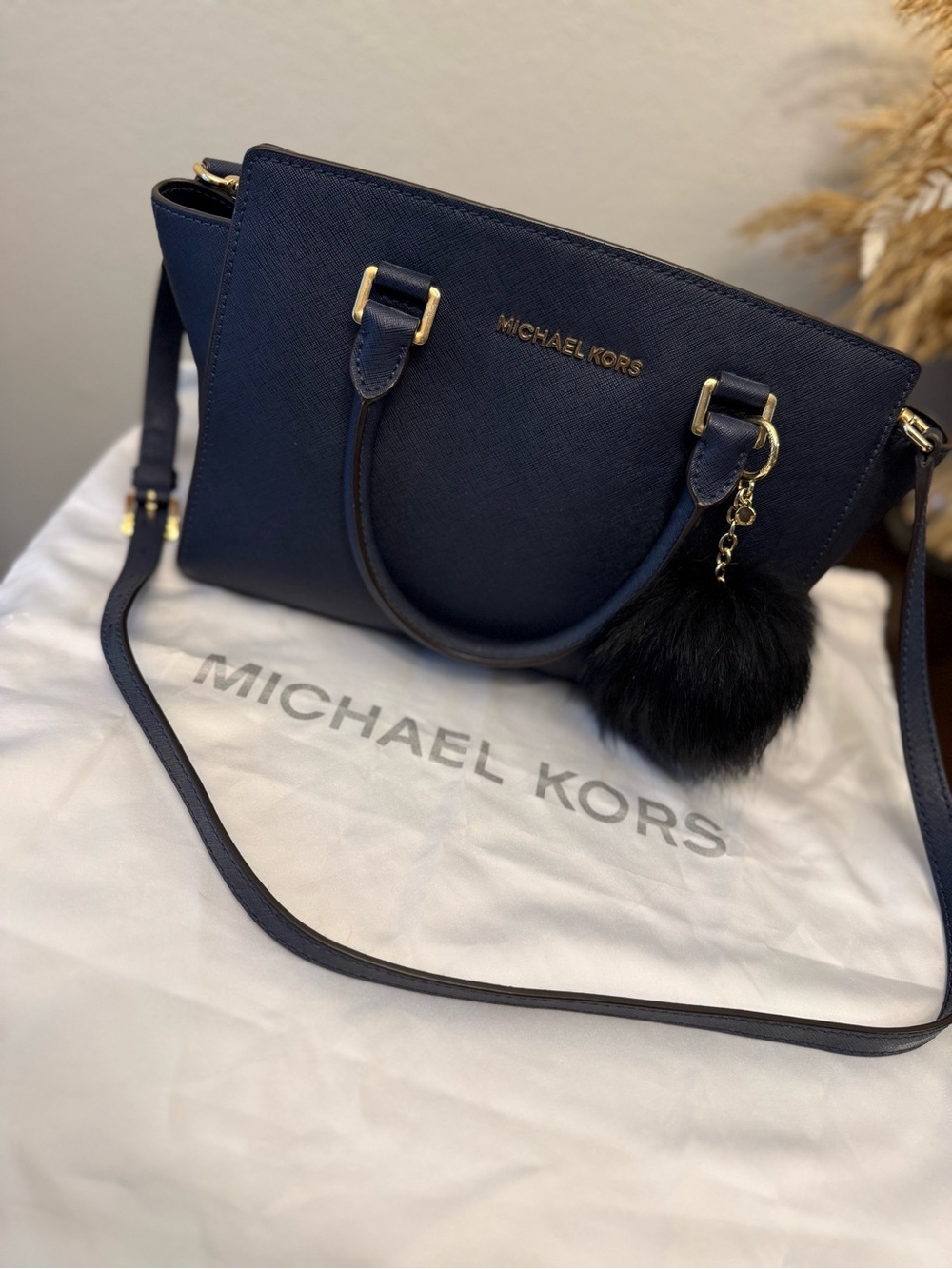 Michael Kors Navy Saffiano Leather Satchel with Black Pom